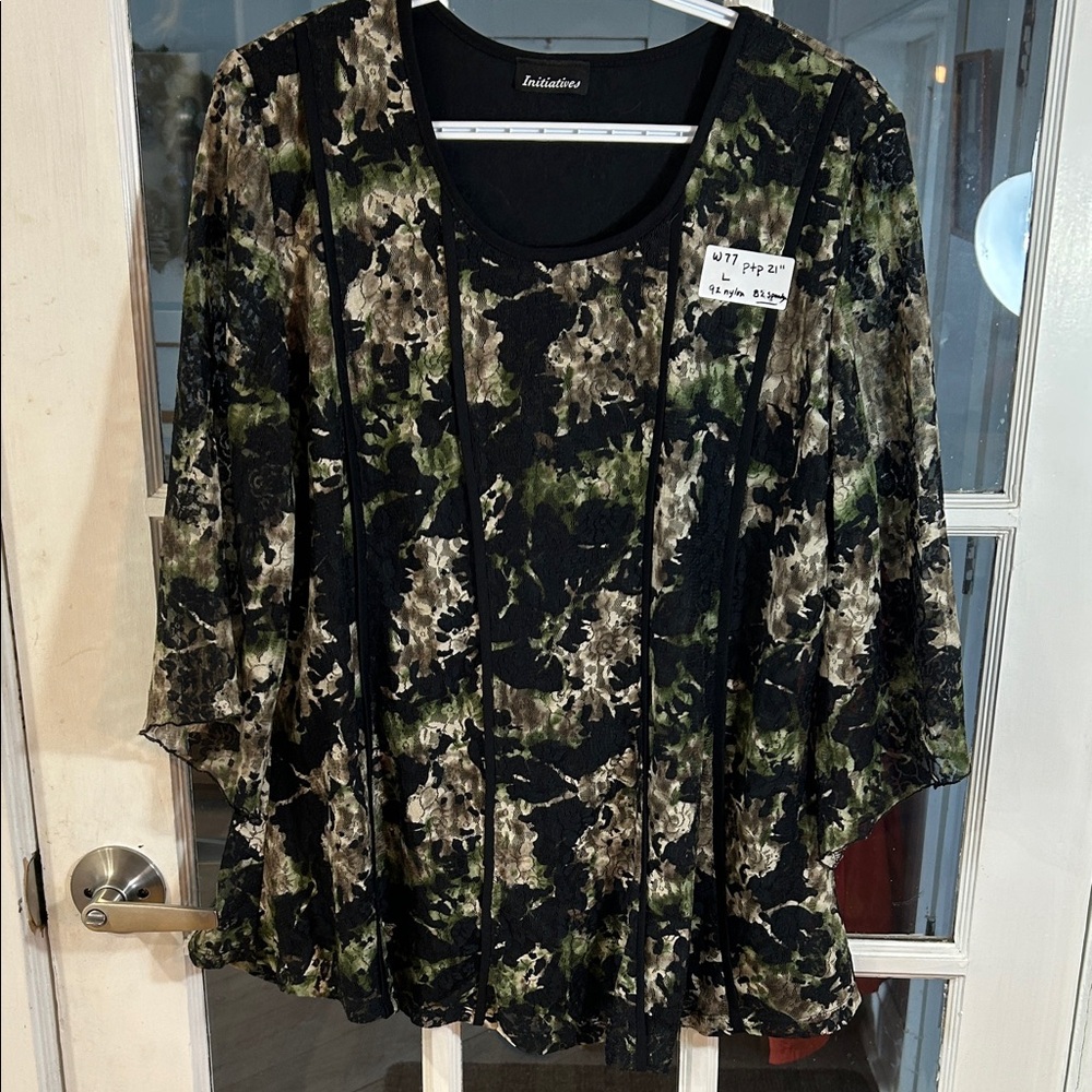 W77.    Women's Black & Olive Floral  Burnout Top